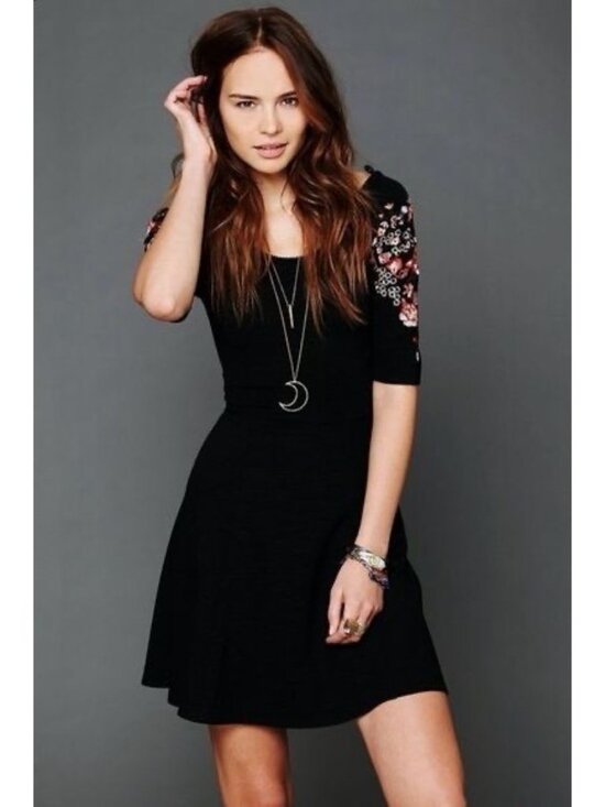 Free People Dresses & Skirts - Free People Floral Embroidered Black Fit & Flare Mini Dress S| Indie Sleaze Boho
